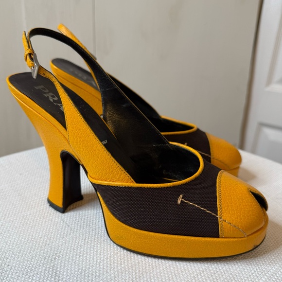 PRADA Brown & Mustard Yellow Leather Textile Heels 8.5 - Picture 9 of 16